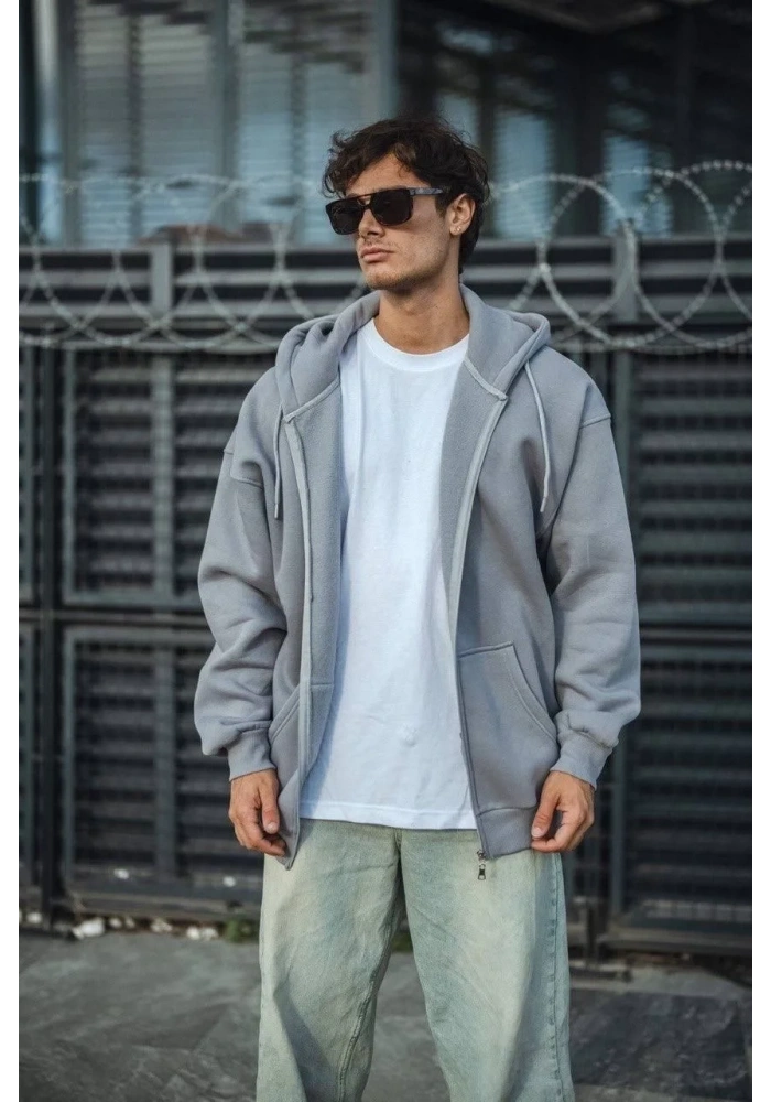 Oversize Tam Fermuarlı Uzun Kol Hırka - Gri