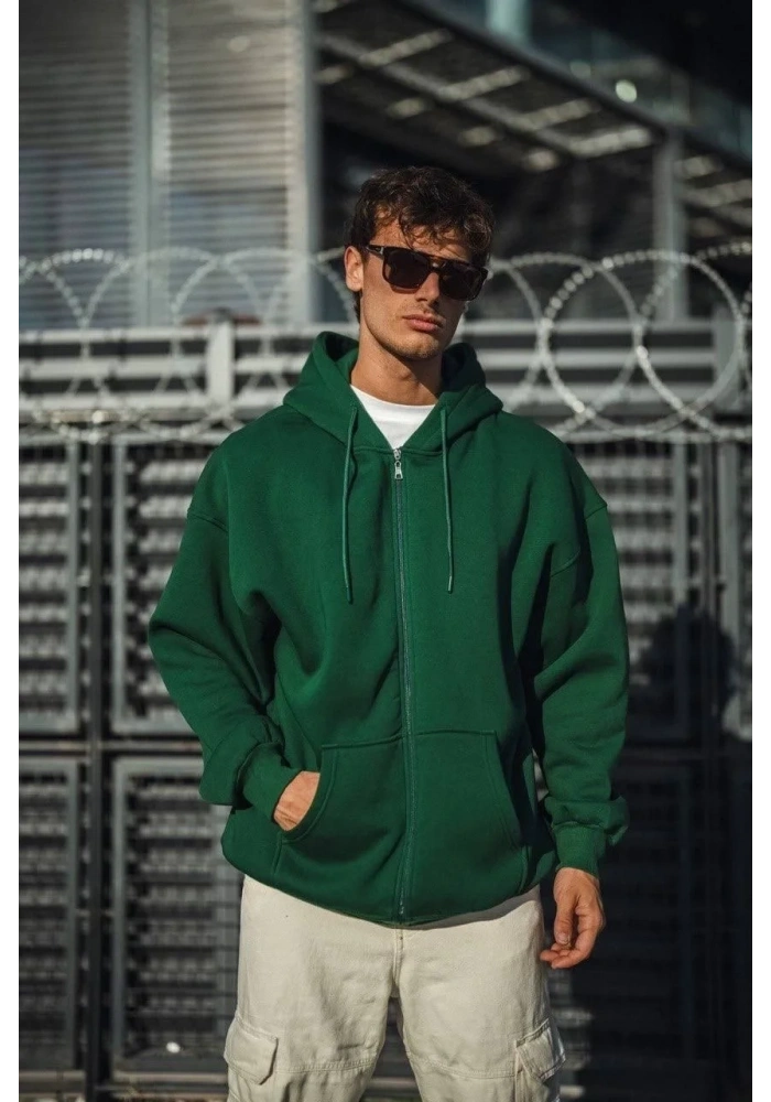 Oversize Tam Fermuarlı Uzun Kol Hırka - Haki