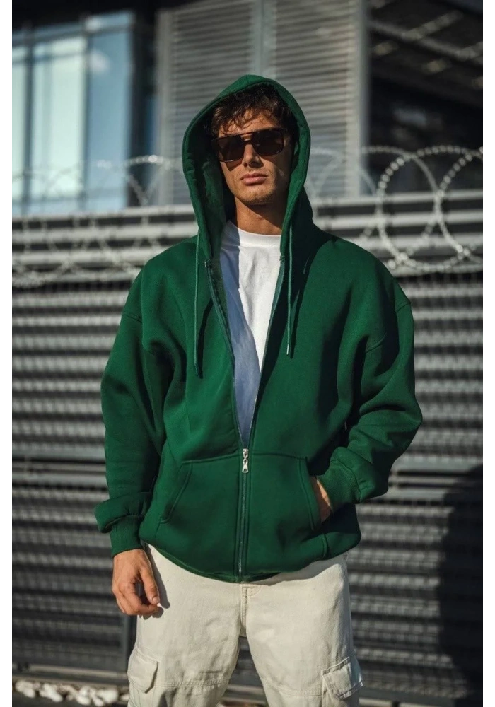 Oversize Tam Fermuarlı Uzun Kol Hırka - Haki