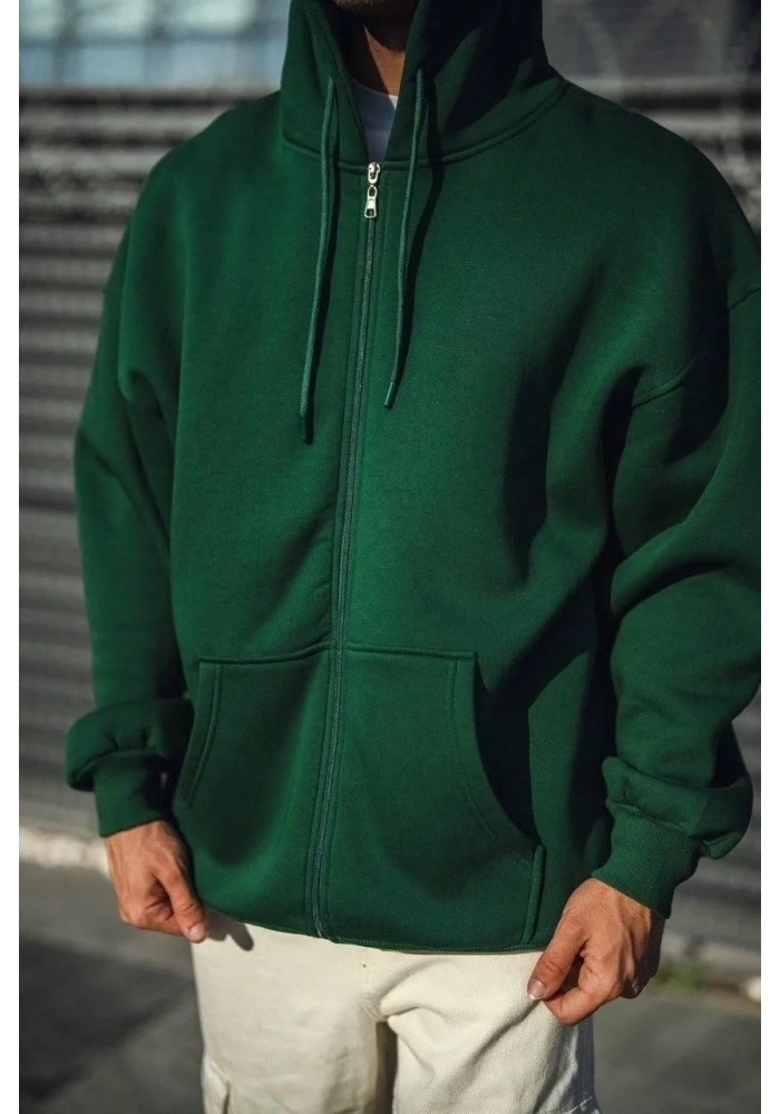 Oversize Tam Fermuarlı Uzun Kol Hırka - Haki