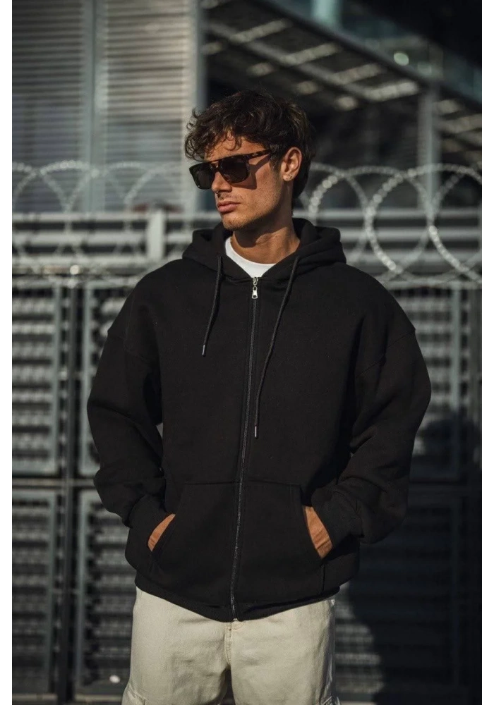 Oversize Tam Fermuarlı Uzun Kol Hırka - Siyah