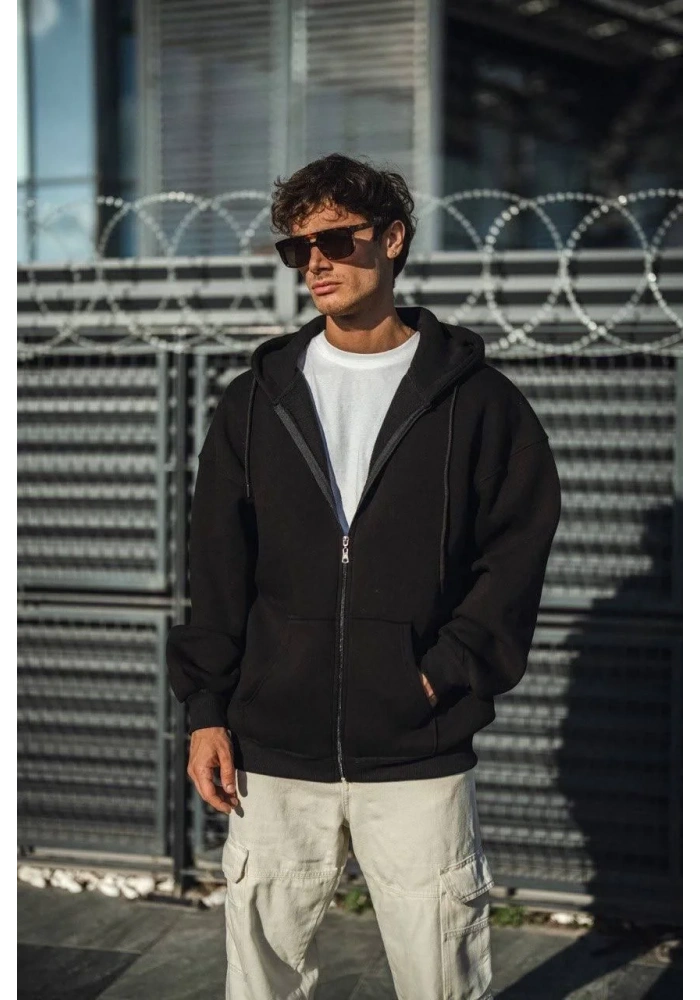 Oversize Tam Fermuarlı Uzun Kol Hırka - Siyah