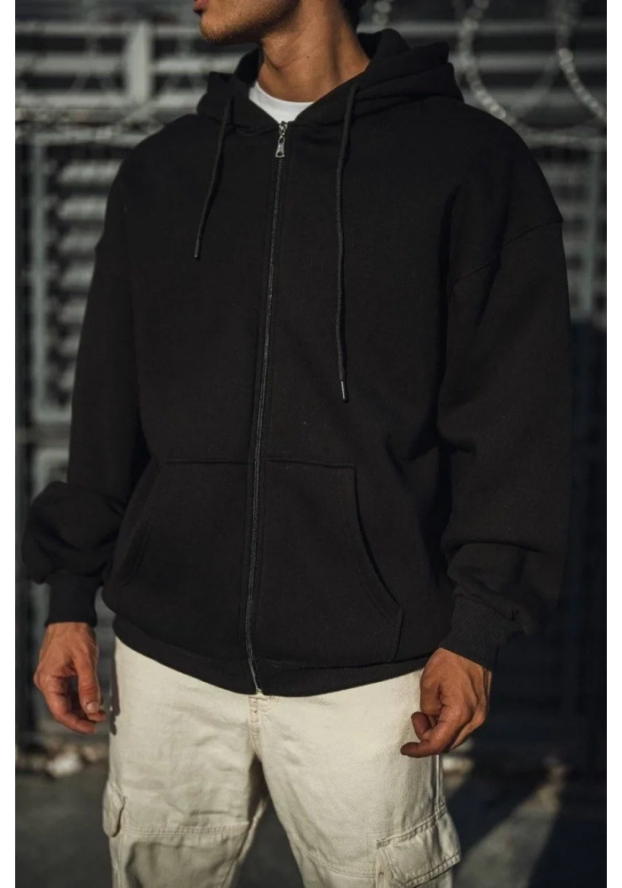 Oversize Tam Fermuarlı Uzun Kol Hırka - Siyah