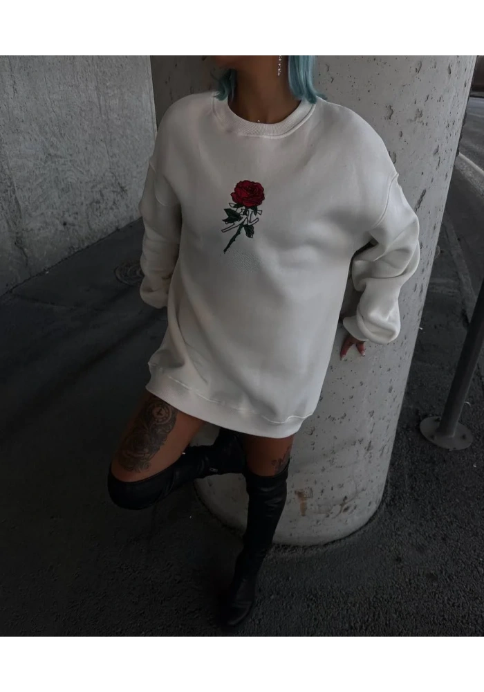 Oversize Üç İplik Bisiklet Yaka Baskılı SweatShirt - Beyaz