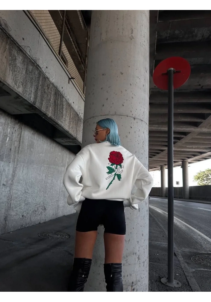 Kadın 3 iplik Pamuklu Bisiklet Yaka GÜL Baskılı SweatShirt - BeyazBeyaz