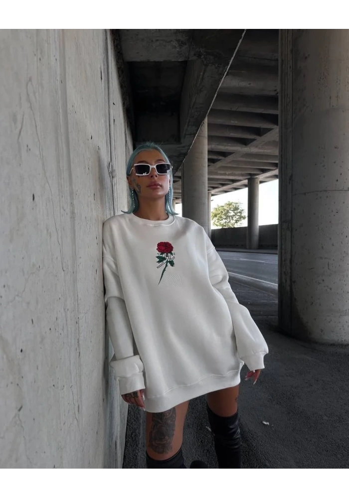 Kadın 3 iplik Pamuklu Bisiklet Yaka GÜL Baskılı SweatShirt - BeyazBeyaz