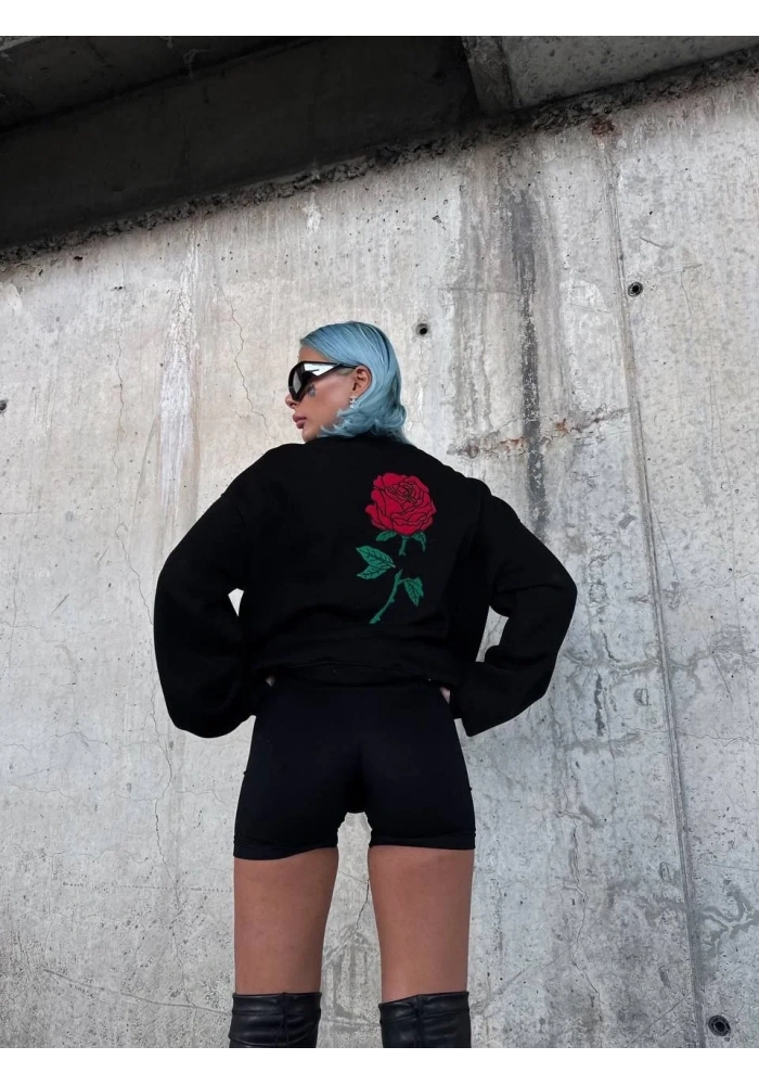 Kadın Oversize Kapüşonlu Cepli GÜL Baskılı 3 İplik Pamuklu Hoodie Sweatshirt - Siyah