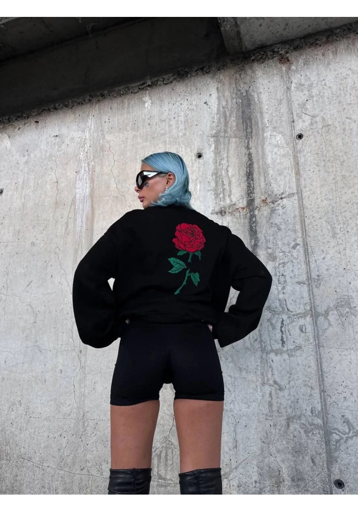 Oversize Üç İplik Bisiklet Yaka Baskılı SweatShirt - Siyah