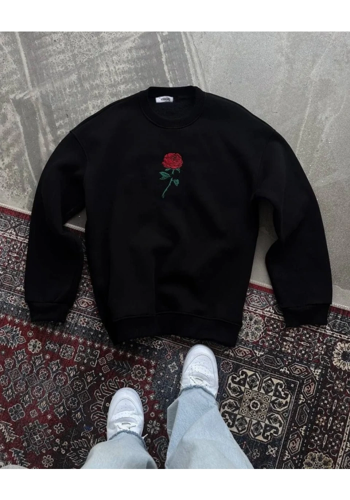 Kadın Oversize Kapüşonlu Cepli GÜL Baskılı 3 İplik Pamuklu Hoodie Sweatshirt - Siyah