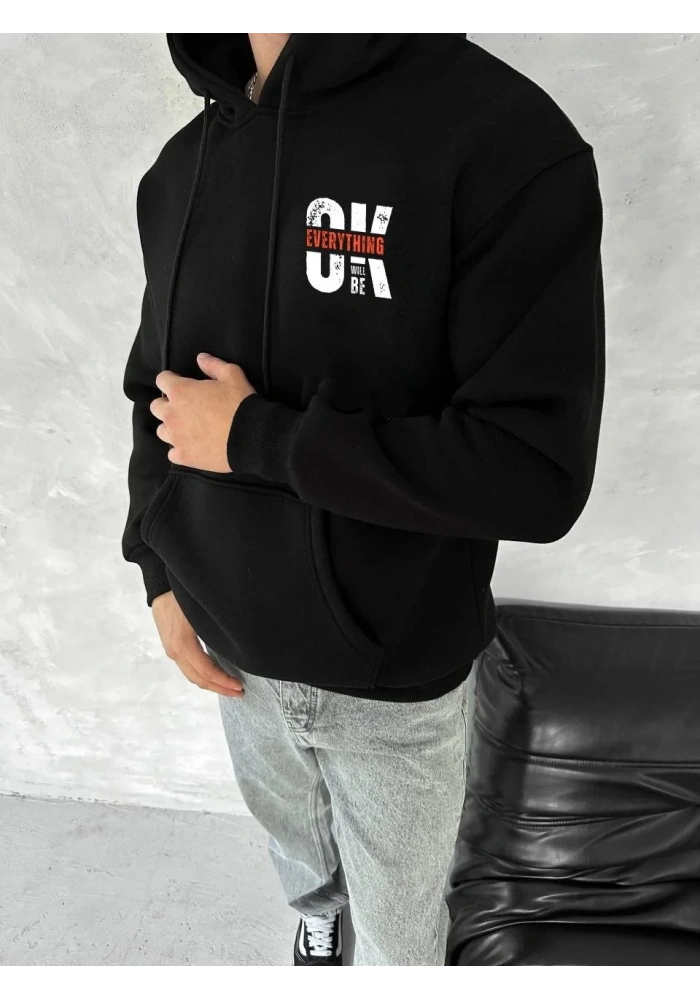 Oversize Üç İplik Kapüşonlu SweatShirt - Siyah