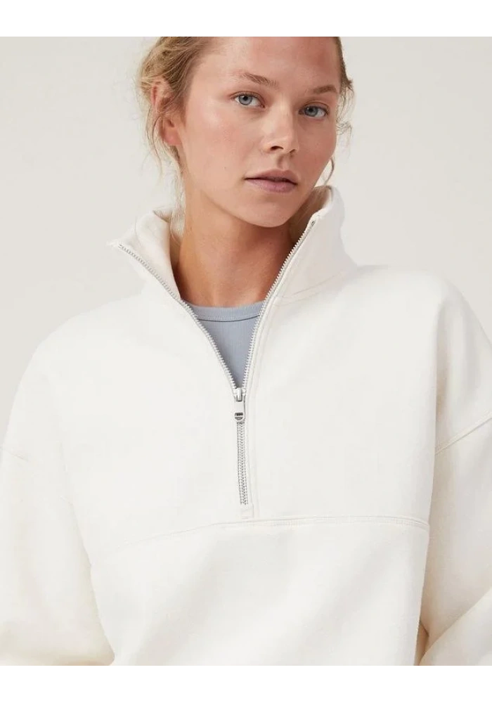 Oversize Yarım Farmuarlı Yakalı Basic SweatShirt - Beyaz