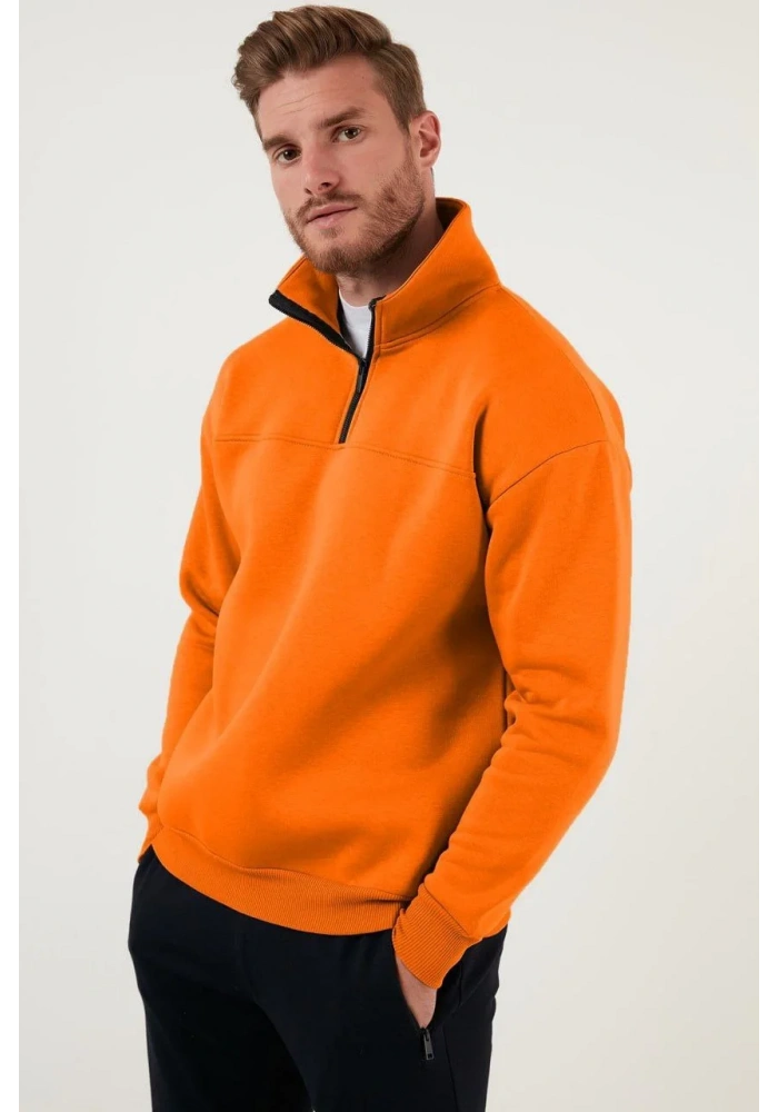 Oversize Yarım Farmuarlı Yakalı Basic SweatShirt - Turuncu