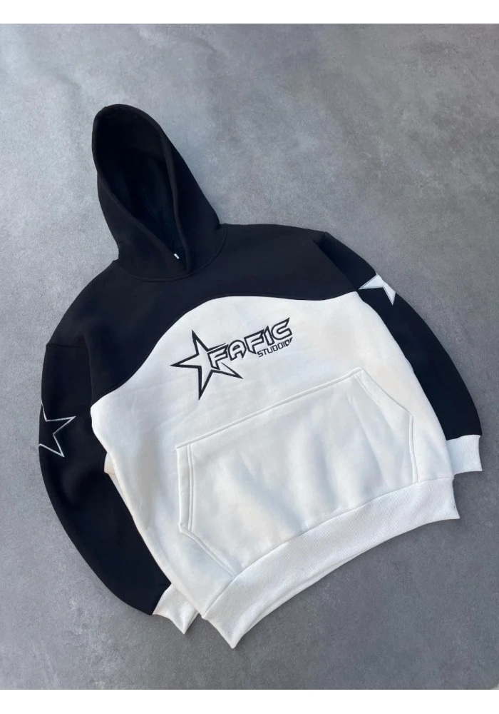 Parçalı Nakış İşlemelı Kapüşonlu SweatShirt - Siyah