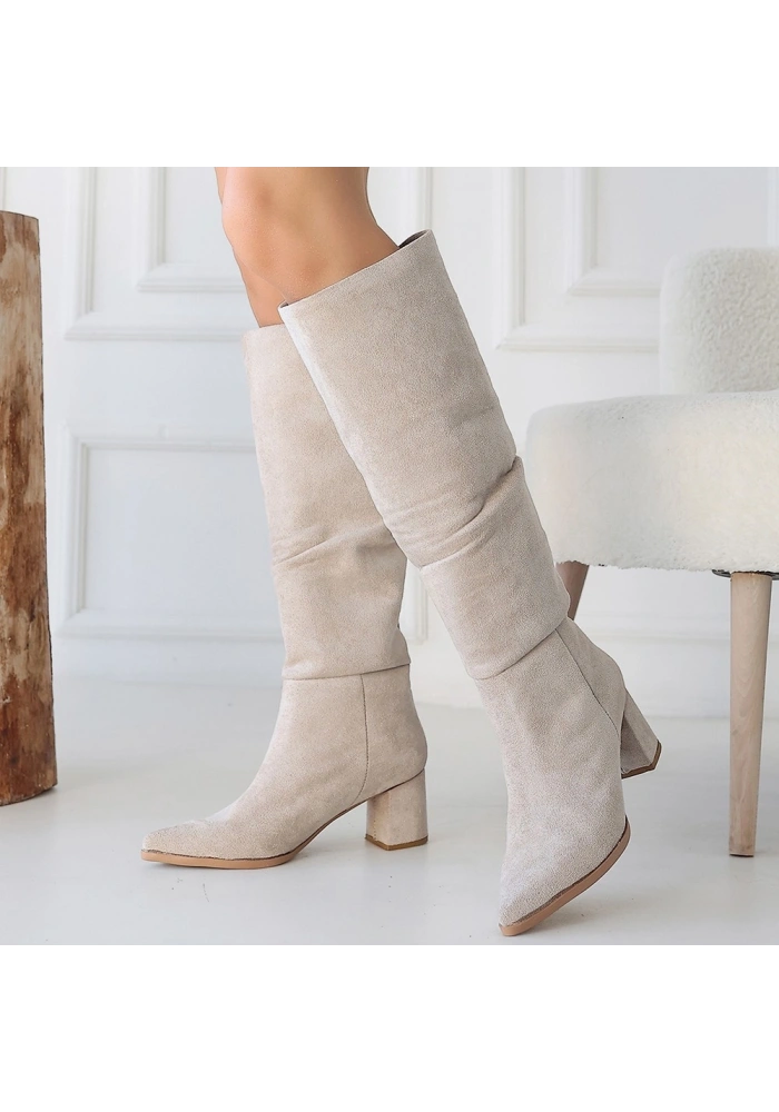 Pitay Bej Süet Topuklu Çizme