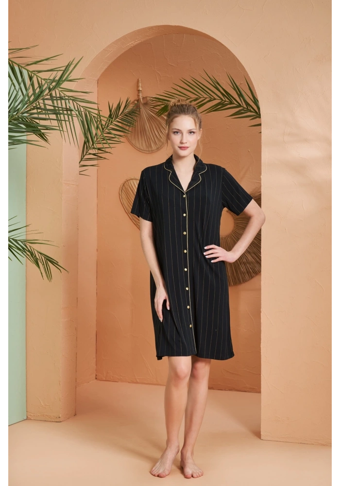 Pjs 27043 Kadın Kısa Kol Çizgili Önü Düğmeli Gecelik