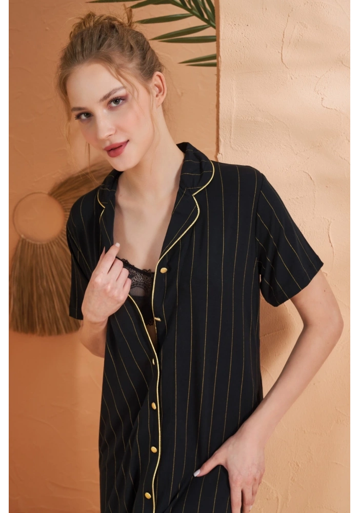 Pjs 27043 Kadın Kısa Kol Çizgili Önü Düğmeli Gecelik