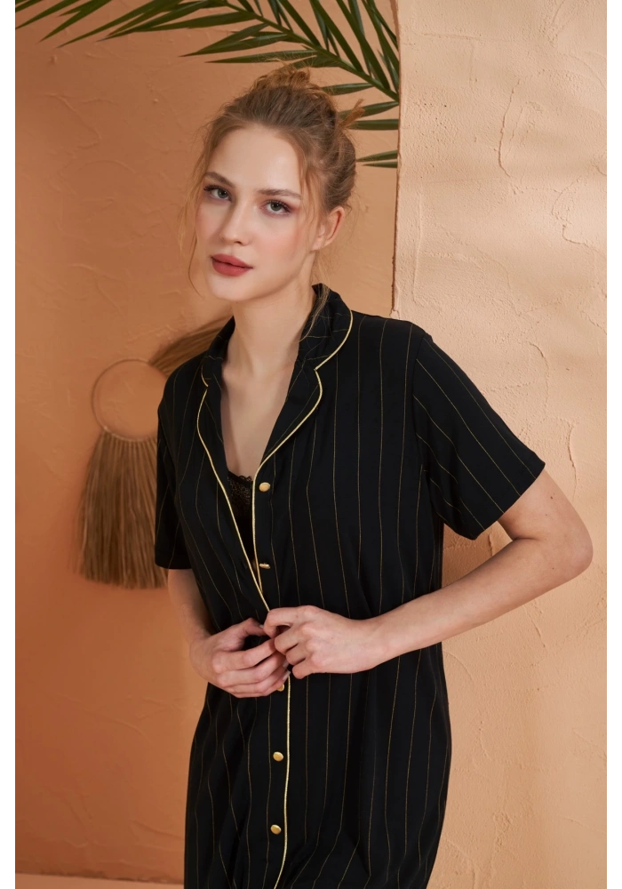 Pjs 27043 Kadın Kısa Kol Çizgili Önü Düğmeli Gecelik