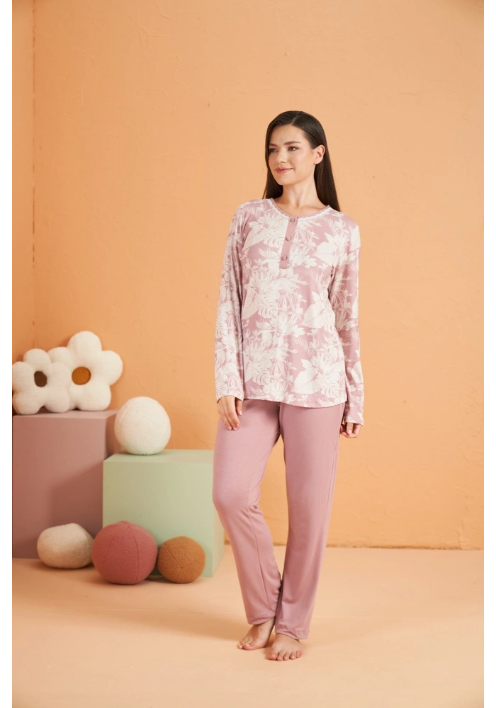 PJS 28016 Kadın Uzun Kol Yarı Patlı Desenli Pijama Takım