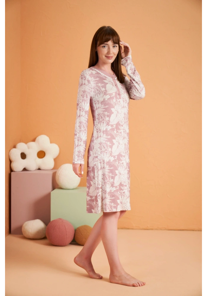 PJS 28019 Kadın Uzun Kol Desenli Gecelik