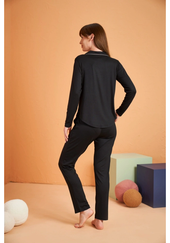 PJS 28049 Kadın Uzun Kol Önü Düğmeli Pijama Takım