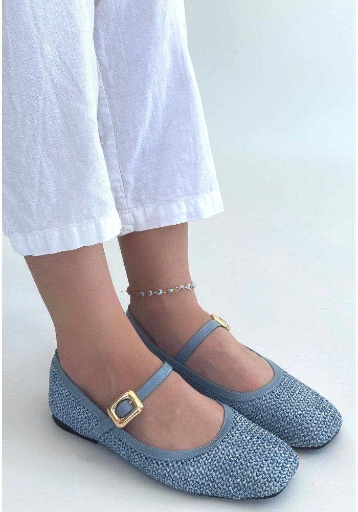 Rives Mavi Cilt Hasır Dokumalı Babet Ayakkabı