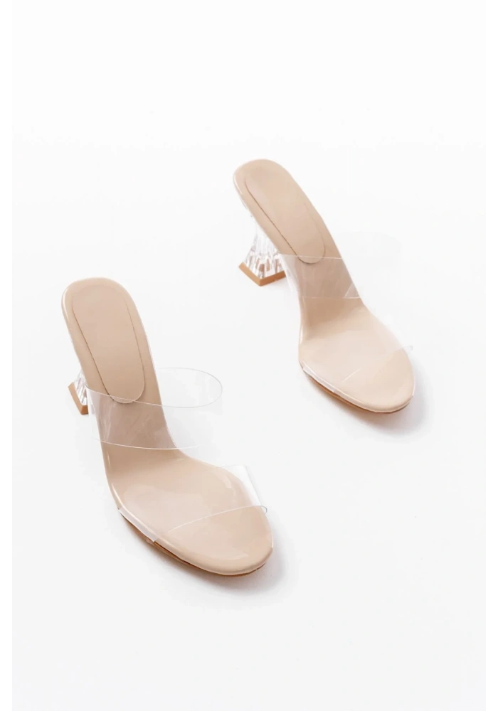 S-618 Bej Rugan Çift Bantlı Topuklu Kadın Terlik