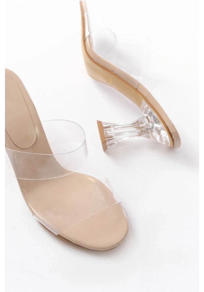 S-618 Bej Rugan Çift Bantlı Topuklu Kadın Terlik