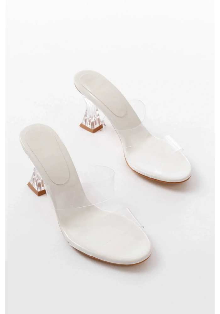 S-618 Beyaz Rugan Çift  Bantlı Topuklu Kadın Terlik