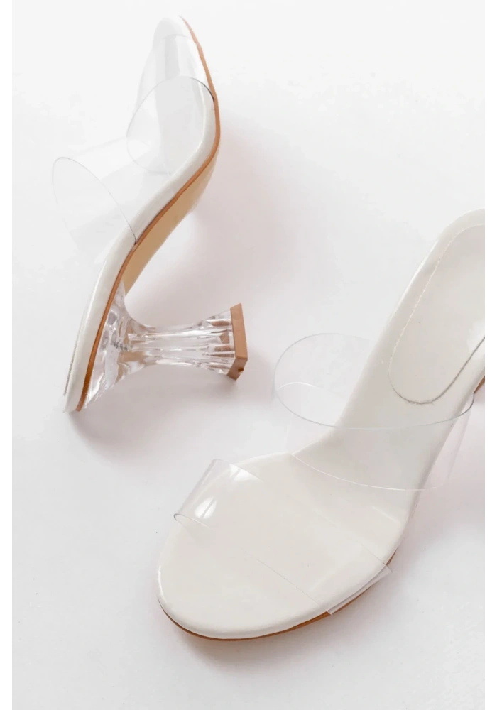 S-618 Beyaz Rugan Çift  Bantlı Topuklu Kadın Terlik