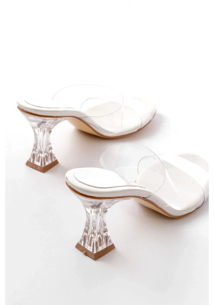 S-618 Beyaz Rugan Çift  Bantlı Topuklu Kadın Terlik