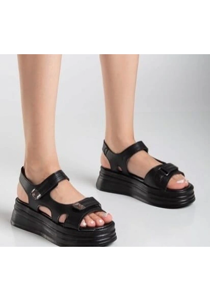 Saide Siyah Cilt Cırt Cırtlı Sandalet