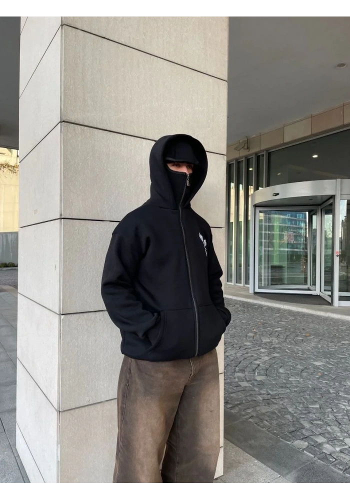Samuray kapüşonlu ZIP Fermuarlı kapüşonlu SweatShirt - Siyah