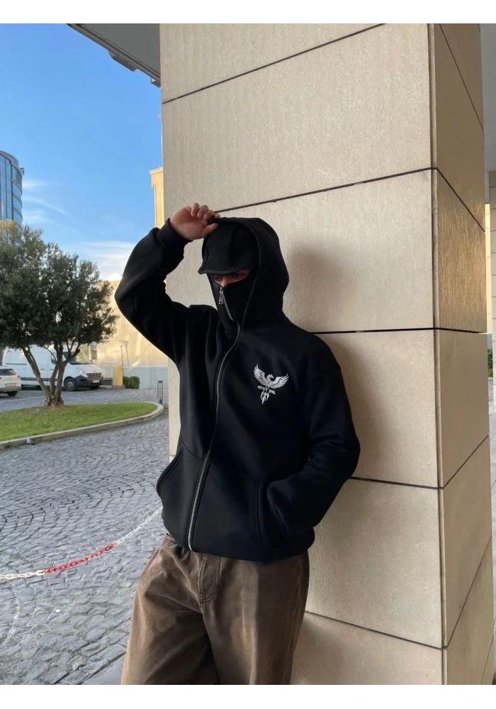 Samuray kapüşonlu ZIP Fermuarlı kapüşonlu SweatShirt - Siyah