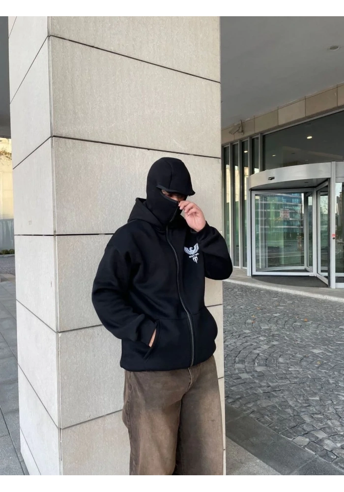 Samuray kapüşonlu ZIP Fermuarlı kapüşonlu SweatShirt - Siyah