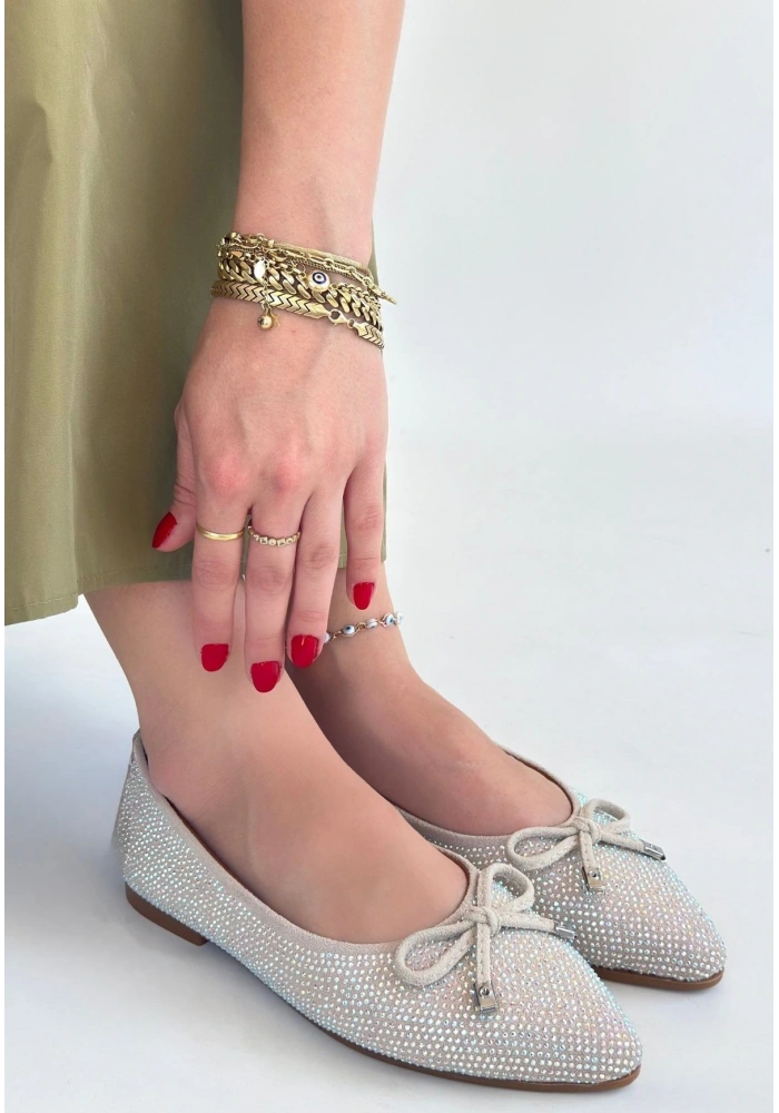 Sarra Bej Saten İşlemeli Babet Ayakkabı