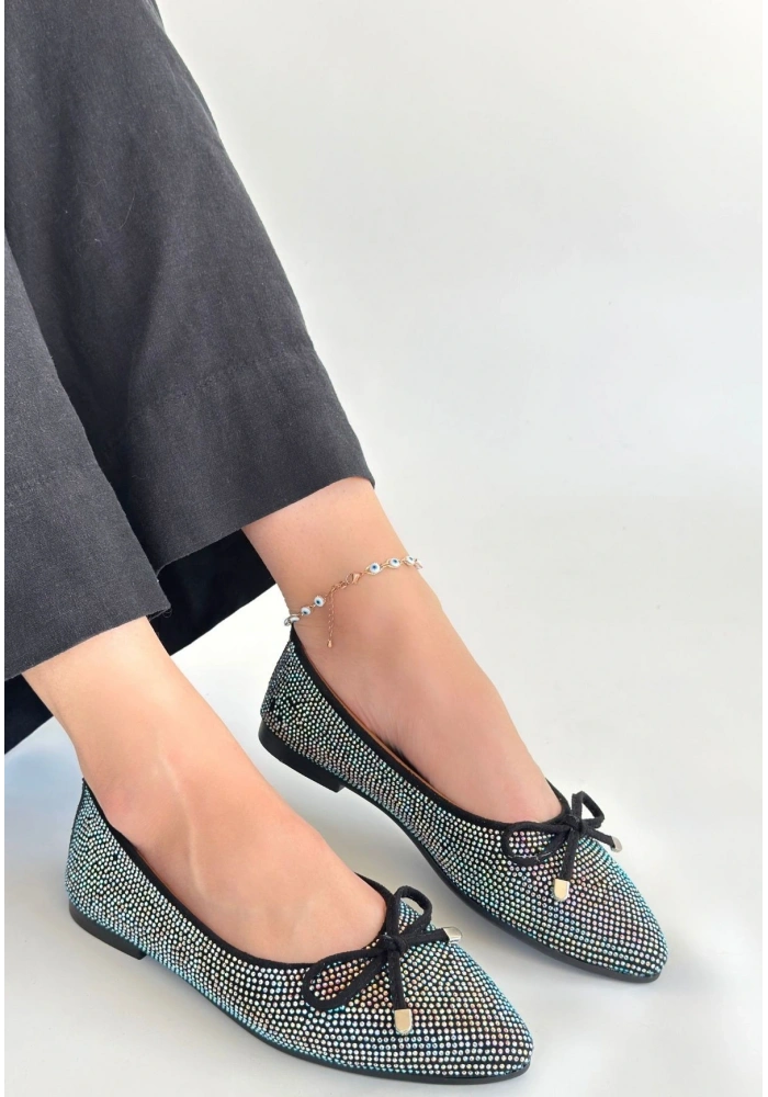 Sarra Siyah Saten İşlemeli Babet Ayakkabı