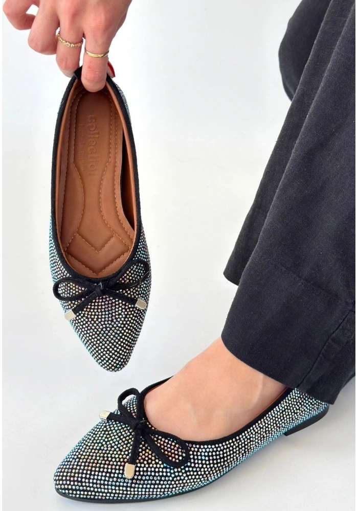 Sarra Siyah Saten İşlemeli Babet Ayakkabı