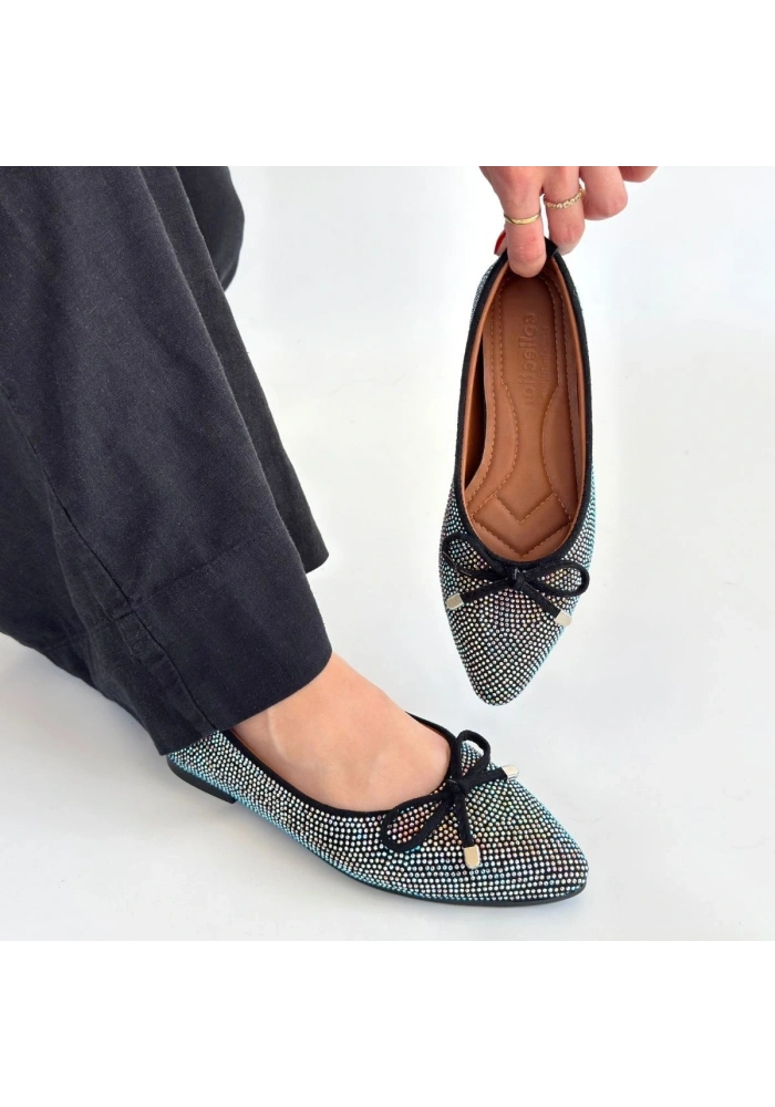 Sarra Siyah Saten İşlemeli Babet Ayakkabı