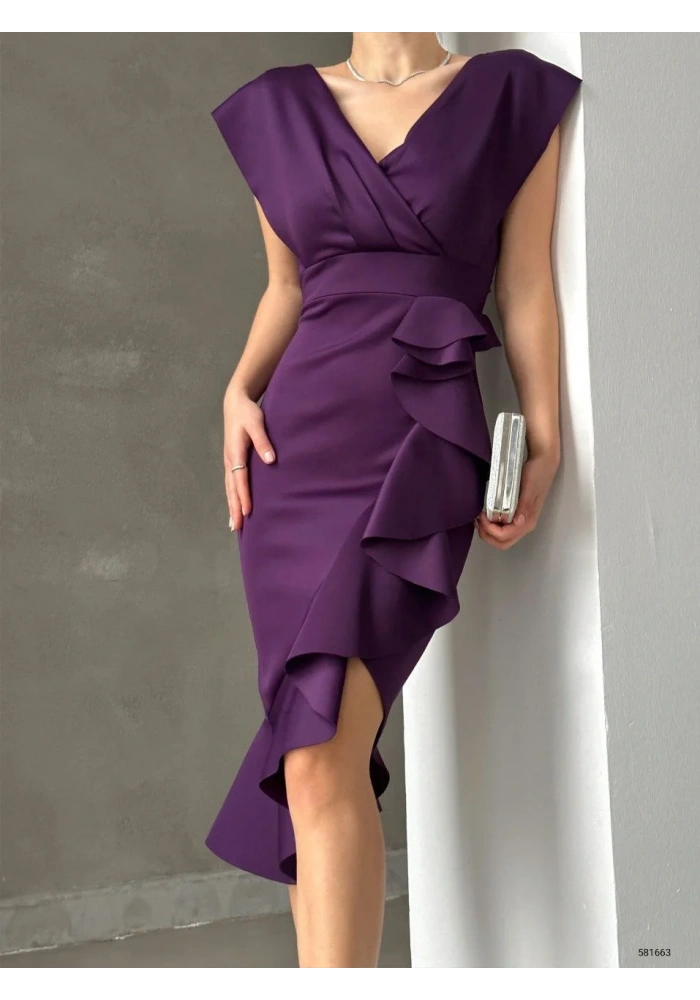 Scuba Kumaş Önü Fırfırlı Midi Boy Elbise