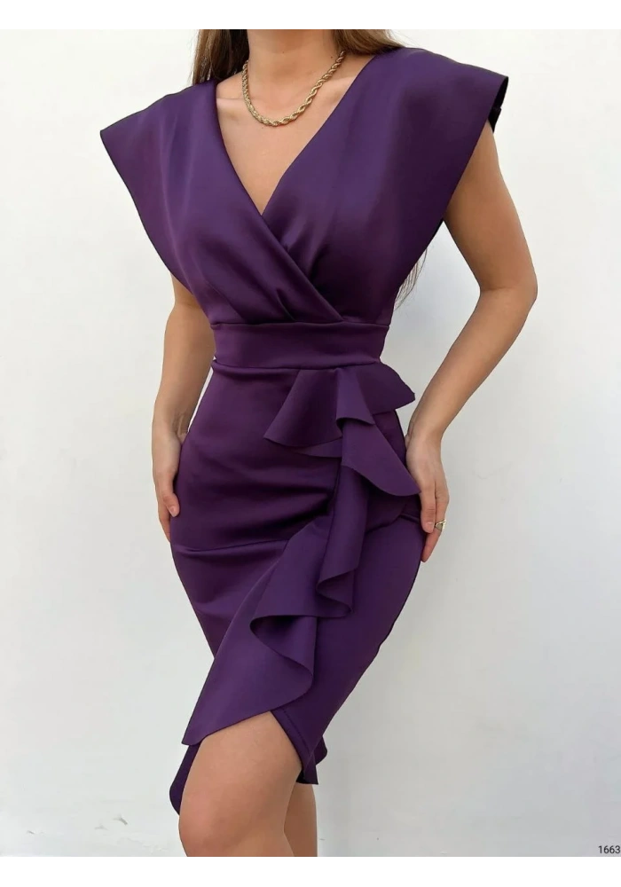 Scuba Kumaş Önü Fırfırlı Midi Boy Elbise