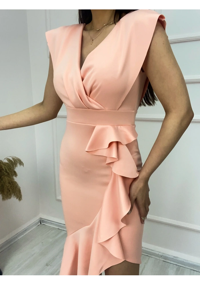 Scuba Kumaş Önü Fırfırlı Midi Boy Elbise