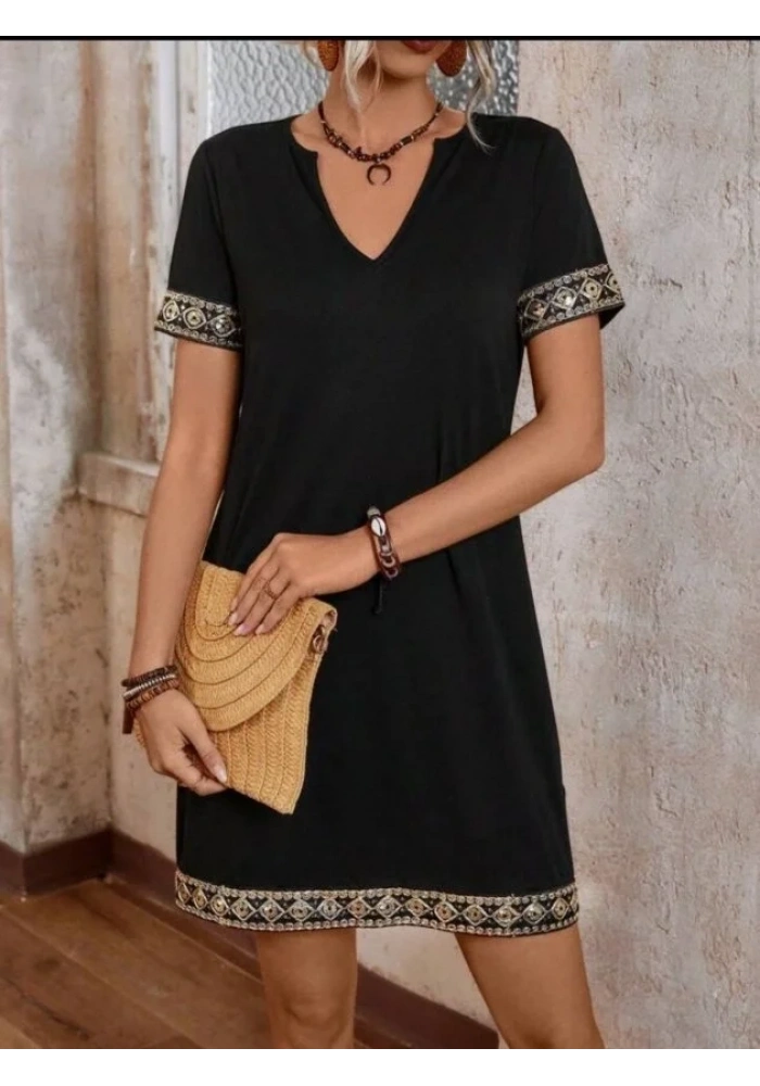 Şerit Detay V Yaka Yandan Cepli Viskon Elbise