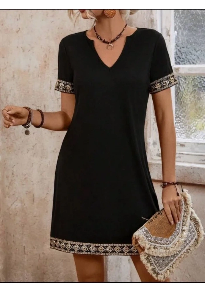 Şerit Detay V Yaka Yandan Cepli Viskon Elbise