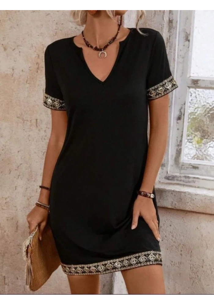 Şerit Detay V Yaka Yandan Cepli Viskon Elbise