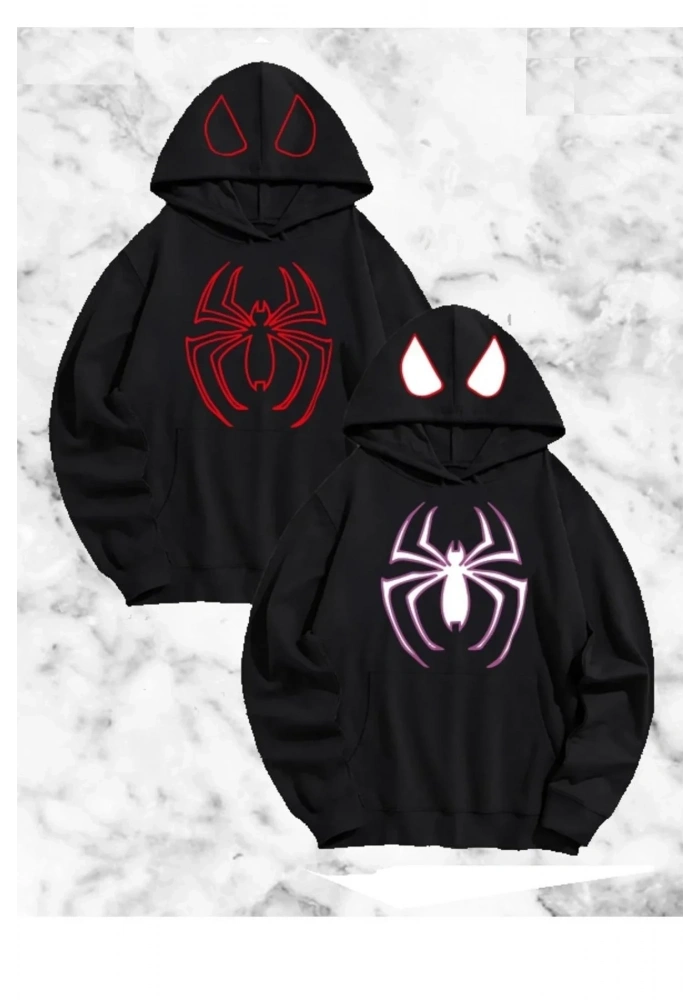 Sevgili Çift Kombini Örümcek Baskılı Kapüşonlu Sweatshirt Hoodie - Siyah