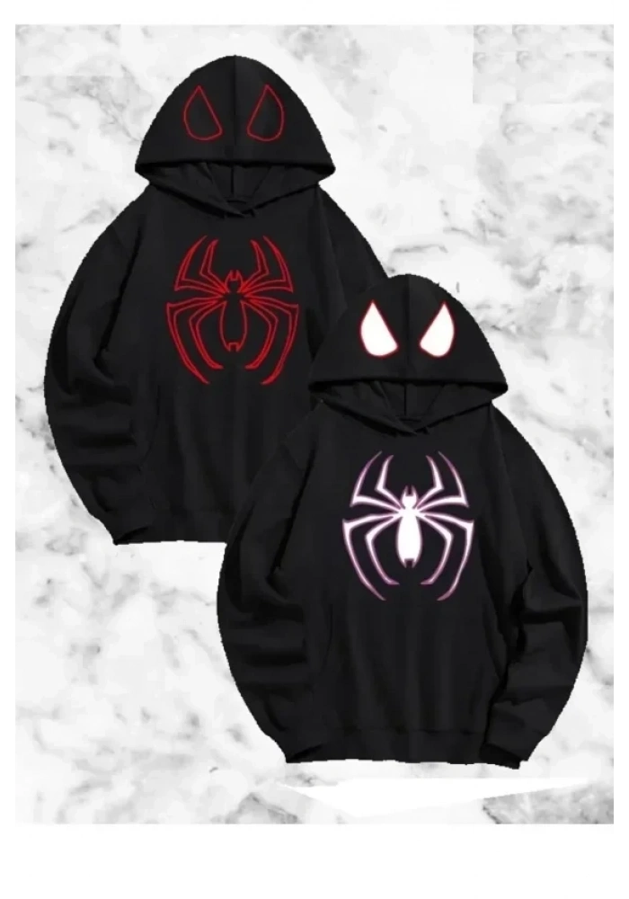 Sevgili Çift Kombini Örümcek Baskılı Kapüşonlu Sweatshirt Hoodie - Siyah