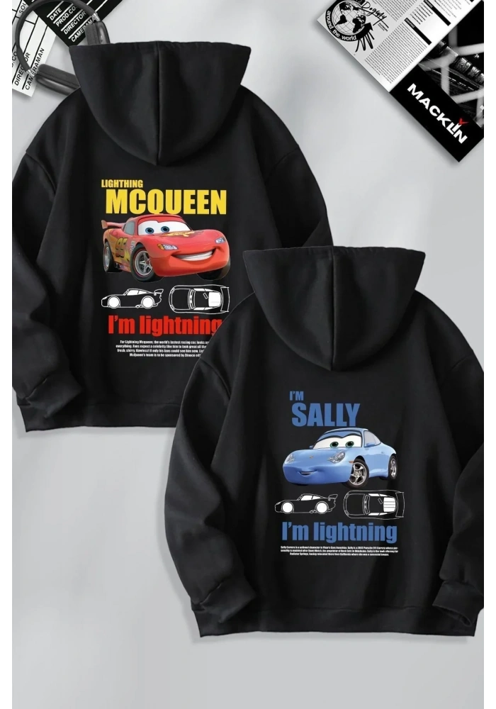 Sevgililer Günü Araba Baskılı Oversize Kapüşonlu Sweatshirt Hoodie - Siyah