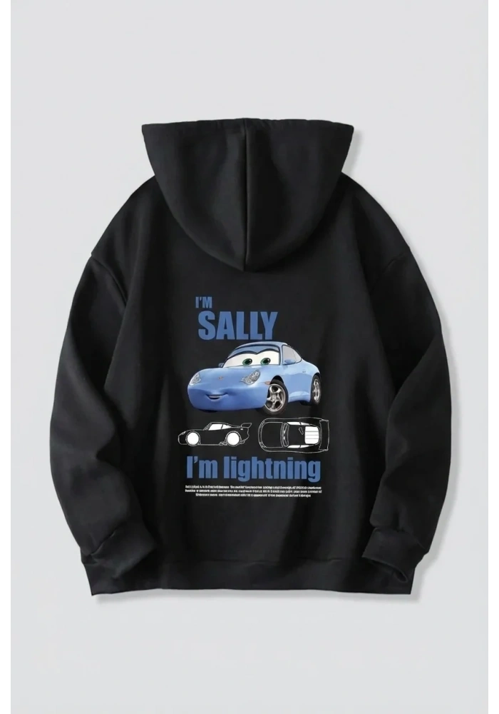 Sevgililer Günü Araba Temalı Baskılı Oversize Kapüşonlu Sweatshirt Hoodie - Siyah