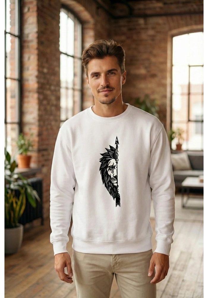 Sevgililer Günü Özel Bisiklet Yaka Aslan Baskılı Oversize Sweatshirt - Beyaz