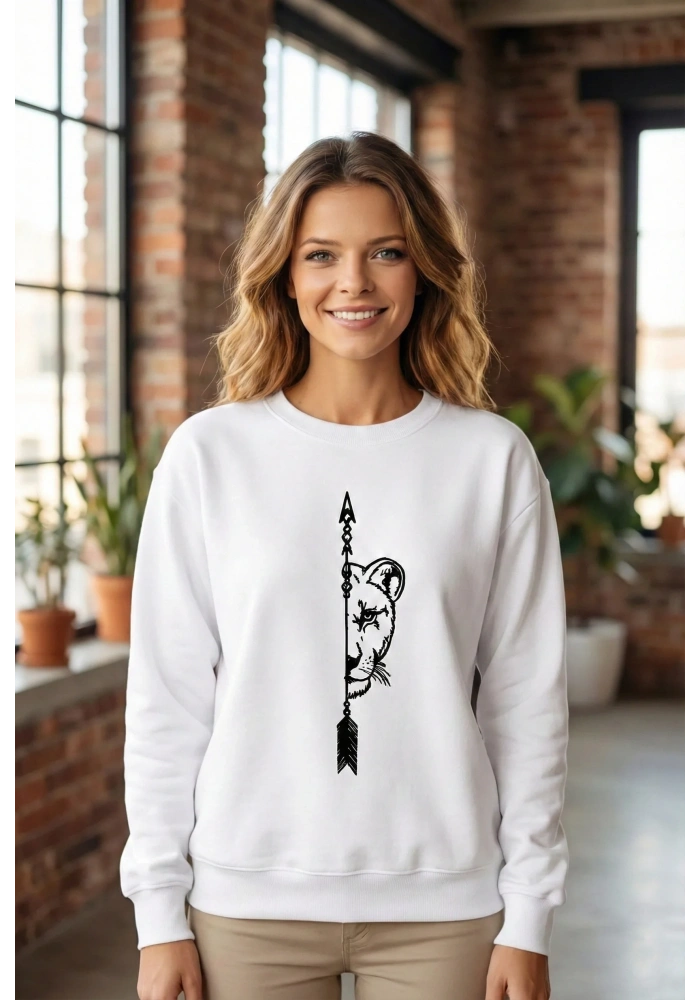 Sevgililer Günü Özel Bisiklet Yaka Aslan Baskılı Oversize Sweatshirt - Beyaz